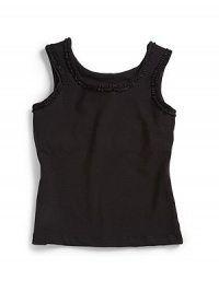 THE LOOKFitted stretch fabricTank stylingSleevelessRuffled ribbon trim at neck and armholesLined bodiceTHE MATERIAL95% cotton/5% spandexCARE & ORIGINMachine washImported THE LOOKFitted stretch fabricTank stylingSleevelessRuffled ribbon trim at neck and armholesLined bodiceTHE MATERIAL95% cotton/5% spandexCARE & ORIGINMachine washImported