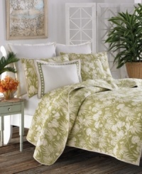 Tommy Bahama offers a daily escape in the soft and straight-from-the-tropics Plantation Floral quilt. Pure cotton sateen is covered front and back with lush island greenery and bound with coordinating ivory trim. Tommy Bahama offers a daily escape in the soft and straight-from-the-tropics Plantation Floral quilt. Pure cotton sateen is covered front and back with lush island greenery and bound with coordinating ivory trim.