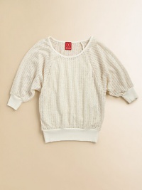 Supremely soft, cotton-rich top in a semi-sheer silhouette with three-quarter sleeves and ribbed trim. RoundneckThree-quarter sleevesRibbed cuffs and hemBody: 74% polyester/18% rayon/4% metallic fibers/4% nylonTrim: 50% cotton/50% modalMachine washImported Supremely soft, cotton-rich top in a semi-sheer silhouette with three-quarter sleeves and ribbed trim. RoundneckThree-quarter sleevesRibbed cuffs and hemBody: 74% polyester/18% rayon/4% metallic fibers/4% nylonTrim: 50% cotton/50% modalMachine washImported