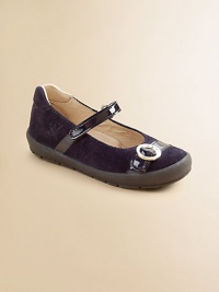 She'll stay stylish and comfy in these suede Mary Janes with silvertone buckle details.Grip-tape closureSuede upper with synthetic patent leather detailsLeather liningRubber soleLeather insoleImported She'll stay stylish and comfy in these suede Mary Janes with silvertone buckle details.Grip-tape closureSuede upper with synthetic patent leather detailsLeather liningRubber soleLeather insoleImported