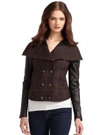 THE LOOKWide point collarDouble-breasted button frontWoven plaid bodiceDual besom chest pocketsDual angled welt pocketsContrast textured long sleeves with knit insetsBanded waist with adjustable button closureCurved back hemTHE FITAbout 18 from shoulder to hemTHE MATERIALCottonContrast 1:96% polyester/4% spandexContrast 2:65% rayon/30% nylon/5% spandexCotton liningCARE & ORIGINMachine washImportedModel shown is 5'10 THE LOOKWide point collarDouble-breasted button frontWoven plaid bodiceDual besom chest pocketsDual angled welt pocketsContrast textured long sleeves with knit insetsBanded waist with adjustable button closureCurved back hemTHE FITAbout 18 from shoulder to hemTHE MATERIALCottonContrast 1:96% polyester/4% spandexContrast 2:65% rayon/30% nylon/5% spandexCotton liningCARE & ORIGINMachine washImportedModel shown is 5'10