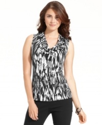 This versatile sleeveless petite top from Alfani features a cool graphic-print and flattering cowl neckline. Pair it with with skirts, jeans, pants and more! This versatile sleeveless petite top from Alfani features a cool graphic-print and flattering cowl neckline. Pair it with with skirts, jeans, pants and more!