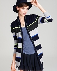 Variegated stripes decorate this belted Aqua Cashmere cardigan, oh-so chic and sumptuously soft for the transitional season. Wear it over everything from a tee and shorts to an LBD-it's the layer of the moment. Variegated stripes decorate this belted Aqua Cashmere cardigan, oh-so chic and sumptuously soft for the transitional season. Wear it over everything from a tee and shorts to an LBD-it's the layer of the moment.