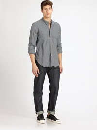 Classically styled button-down design has buttoned cuffs that can be rolled and worn as three-quarter sleeves. Point collarFront patch pocketsButton frontLong sleevesButtoned cuffs50% cotton/50% linenMachine washImported Classically styled button-down design has buttoned cuffs that can be rolled and worn as three-quarter sleeves. Point collarFront patch pocketsButton frontLong sleevesButtoned cuffs50% cotton/50% linenMachine washImported