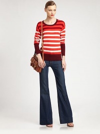 Contrasting stripes and colorblocked trim create a modern, layered look while dropped shoulders add edge to this merino wool sweater. ScoopneckDropped shouldersLong sleevesBanded cuffs and hemWoolDry cleanImportedModel shown is 5'10 (177cm) wearing US size Small. Contrasting stripes and colorblocked trim create a modern, layered look while dropped shoulders add edge to this merino wool sweater. ScoopneckDropped shouldersLong sleevesBanded cuffs and hemWoolDry cleanImportedModel shown is 5'10 (177cm) wearing US size Small.