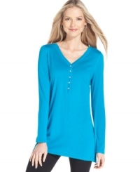 Style&co. adds a touch of luxe to this henley by decking it out with jeweled buttons. Style&co. adds a touch of luxe to this henley by decking it out with jeweled buttons.