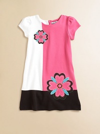 Floral appliques rock this retro A-line shift in soft cotton knit.Round necklineShort sleeves with shirred shouldersBack zipperCottonMachine wash Imported Floral appliques rock this retro A-line shift in soft cotton knit.Round necklineShort sleeves with shirred shouldersBack zipperCottonMachine wash Imported