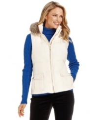 Charter Club's zip-front vest features a faux-fur trimmed hood and quilted style to keep you cozy! Charter Club's zip-front vest features a faux-fur trimmed hood and quilted style to keep you cozy!