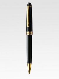 Ballpoint pen with twist mechanism, with barrel and cap made of precious resin and floating logo emblem.BallpointGold-plated clipResin with inlaid logo emblemAbout 5¼ longImported Ballpoint pen with twist mechanism, with barrel and cap made of precious resin and floating logo emblem.BallpointGold-plated clipResin with inlaid logo emblemAbout 5¼ longImported