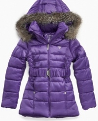 She'll stay warm while looking cool in this stylish Guess faux fur hooded parka. She'll stay warm while looking cool in this stylish Guess faux fur hooded parka.