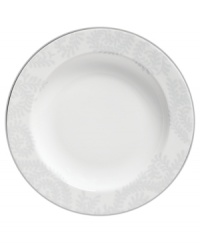 With a modern white-on-white pattern in durable bone china, the Trailing Vines rim soup bowl by Vera Wang promises a lifetime of exquisite dining. Trimmed in polished platinum. With a modern white-on-white pattern in durable bone china, the Trailing Vines rim soup bowl by Vera Wang promises a lifetime of exquisite dining. Trimmed in polished platinum.