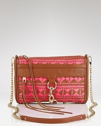 Woven Leather Clutch with long chain removable shoulder strap. front pocket. Top zip closure. Tassel on zipper. Interior zip pocket, 2 additional pockets, lined. Woven Leather Clutch with long chain removable shoulder strap. front pocket. Top zip closure. Tassel on zipper. Interior zip pocket, 2 additional pockets, lined.