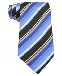 Go bold. A classic striped tie from Kenneth Cole Reaction is punctuated by a power color palette.