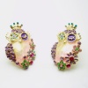 DaisyJewel Golden and Lilac Owl Earrings: Lilac Springtime Steampunk Flower Bouquet in Full Bloom - Skin-Safe - Betsey Johnson Style Inspired - Pearlized Cool Spring & Summer Colors Compliment Each Other in Swirly Enamel and Crystal Encrusted Flowers - SH