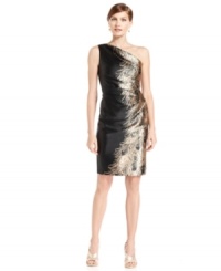 London Times' one-shoulder dress is enchanting with a golden peacock-inspired print at its side. A sumptuous satiny shimmer makes this a mesmerizing choice for a memorable night. London Times' one-shoulder dress is enchanting with a golden peacock-inspired print at its side. A sumptuous satiny shimmer makes this a mesmerizing choice for a memorable night.