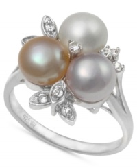 A gorgeous grouping. This sterling silver ring brings together colorful cultured freshwater pearls (7-7-1/2 mm) offset by white topaz (1/6 ct. t.w.) for a stunning effect. Size 7. A gorgeous grouping. This sterling silver ring brings together colorful cultured freshwater pearls (7-7-1/2 mm) offset by white topaz (1/6 ct. t.w.) for a stunning effect. Size 7.