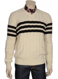 Vince Mens Cabled V-Neck Wool Beige Sweater Black Stripe Long Sleeves Vince Mens Cabled V-Neck Wool Beige Sweater Black Stripe Long Sleeves