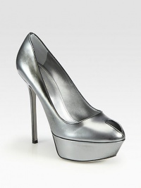 EXCLUSIVELY AT SAKS.COM. Timeless peep-toe silhouette in metallic patent leather, finished with a platform and high heel. Self-covered heel, 5 (127mm)Covered platform, 1½ (40mm)Compares to a 3½ heel (90mm)Patent leather upperPeep toeLeather lining and solePadded insoleMade in ItalyOUR FIT MODEL RECOMMENDS ordering one half size up as this style runs small. EXCLUSIVELY AT SAKS.COM. Timeless peep-toe silhouette in metallic patent leather, finished with a platform and high heel. Self-covered heel, 5 (127mm)Covered platform, 1½ (40mm)Compares to a 3½ heel (90mm)Patent leather upperPeep toeLeather lining and solePadded insoleMade in ItalyOUR FIT MODEL RECOMMENDS ordering one half size up as this style runs small.
