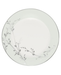 Birch branches grow around this pure white porcelain accent plate from Noritake dinnerware. The dishes of this set turn formal tables into serene landscapes. The contemporary design is refined in polished platinum with a soft gray border and breezy, all-natural beauty. Birch branches grow around this pure white porcelain accent plate from Noritake dinnerware. The dishes of this set turn formal tables into serene landscapes. The contemporary design is refined in polished platinum with a soft gray border and breezy, all-natural beauty.
