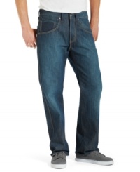 Tired of those too-skinny blues? Keep it loose and laid back with these straight-fit jeans from Levi's. Tired of those too-skinny blues? Keep it loose and laid back with these straight-fit jeans from Levi's.