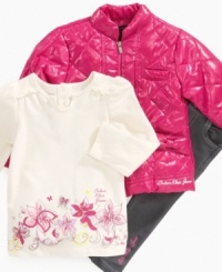 This Calvin Klein bubble jacket, shirt and jeggings set will keep her warm while looking cool. This Calvin Klein bubble jacket, shirt and jeggings set will keep her warm while looking cool.