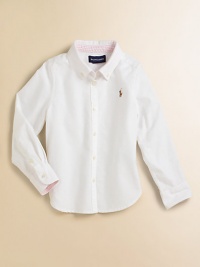 Preppy cotton oxford style detailed with a pinstriped undercollar and cuffs for a tailored look.Button-down collar Multicolor embroidered pony on chest Long sleeves with barrel cuffs Rounded shirttail hem with striped gussets Split back yoke Cotton Machine wash Imported Preppy cotton oxford style detailed with a pinstriped undercollar and cuffs for a tailored look.Button-down collar Multicolor embroidered pony on chest Long sleeves with barrel cuffs Rounded shirttail hem with striped gussets Split back yoke Cotton Machine wash Imported