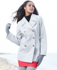 Featuring clean lines and made with a luxurious touch of cashmere, this pea coat from Calvin Klein is an instant classic. Featuring clean lines and made with a luxurious touch of cashmere, this pea coat from Calvin Klein is an instant classic.