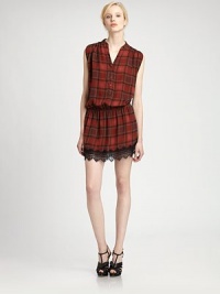 Silk v-neck dress in a preppy-chic plaid print with gathered cap sleeves, an elasticized drop waist and a seductive lace hem. V-neckGathered cap sleevesButton frontElasticized drop waistLace hemAbout 17 from natural waistSilkDry cleanImportedModel shown is 5'10 (177cm) wearing US size Small. Silk v-neck dress in a preppy-chic plaid print with gathered cap sleeves, an elasticized drop waist and a seductive lace hem. V-neckGathered cap sleevesButton frontElasticized drop waistLace hemAbout 17 from natural waistSilkDry cleanImportedModel shown is 5'10 (177cm) wearing US size Small.