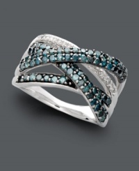 A picturesque pattern. This dazzling crossover ring features rows of sparkling blue diamonds (9/10 ct. t.w.) and white diamond accents in a unique overlapping design. Crafted in sterling silver. Size 7. A picturesque pattern. This dazzling crossover ring features rows of sparkling blue diamonds (9/10 ct. t.w.) and white diamond accents in a unique overlapping design. Crafted in sterling silver. Size 7.