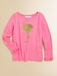 A golden flamingo sparkles the front of this soft knit tee, dressed up with ruffled cuffs.BoatneckLong sleeves with ruffled cuffsCotton/ModalMachine washImported A golden flamingo sparkles the front of this soft knit tee, dressed up with ruffled cuffs.BoatneckLong sleeves with ruffled cuffsCotton/ModalMachine washImported