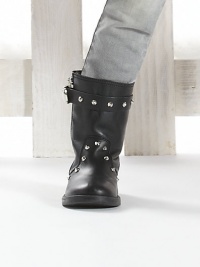 Supple leather boots adorned with studs and adjustable buckle strap.Side zipperLeather upperLeather liningRubber solePadded insoleImported Supple leather boots adorned with studs and adjustable buckle strap.Side zipperLeather upperLeather liningRubber solePadded insoleImported