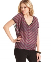 With allover shimmer, this GUESS sheer striped top is a hot layering piece! With allover shimmer, this GUESS sheer striped top is a hot layering piece!