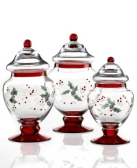 Etched and hand painted with a festive pattern of holly and berries, Winterberry apothecary jars from Pfaltzgraff make a very merry impression. Fill with your favorite holiday candy, cookies and more! Etched and hand painted with a festive pattern of holly and berries, Winterberry apothecary jars from Pfaltzgraff make a very merry impression. Fill with your favorite holiday candy, cookies and more!