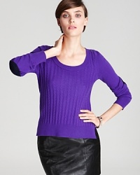 An Aqua Cashmere sweater flaunts cable knit at the front and back bodice, and elbow patches at the solid sleeves for a textured update to your weekend wardrobe. An Aqua Cashmere sweater flaunts cable knit at the front and back bodice, and elbow patches at the solid sleeves for a textured update to your weekend wardrobe.