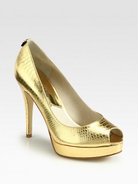 For a luxed-up look, try this towering platform silhouette in python-embossed metallic leather with a sexy peep toe. Self-covered heel, 4½ (115mm)Covered platform, ¾ (20mm)Compares to a 3¾ heel (95mm)Python-print metallic leather upperPeep toeLeather lining and solePadded insoleImported For a luxed-up look, try this towering platform silhouette in python-embossed metallic leather with a sexy peep toe. Self-covered heel, 4½ (115mm)Covered platform, ¾ (20mm)Compares to a 3¾ heel (95mm)Python-print metallic leather upperPeep toeLeather lining and solePadded insoleImported