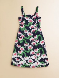 A traditional A-line frock is given a pretty update with vibrant flowers and lace trim.Straight necklineSleevelessSmocked, elastic backFull skirtCottonMachine washImported A traditional A-line frock is given a pretty update with vibrant flowers and lace trim.Straight necklineSleevelessSmocked, elastic backFull skirtCottonMachine washImported