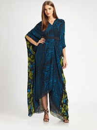 Flowing silk chiffon, tailored from two colorful patterns in a caftan silhouette.V necklineKimono sleevesWaist sashBack cutoutsAbout 56 from natural waistSilkDry cleanMade in Italy of imported fabricModel shown is 5'11 (180cm) wearing US size 4. Flowing silk chiffon, tailored from two colorful patterns in a caftan silhouette.V necklineKimono sleevesWaist sashBack cutoutsAbout 56 from natural waistSilkDry cleanMade in Italy of imported fabricModel shown is 5'11 (180cm) wearing US size 4.
