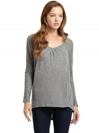 THE LOOKSlight v-neck with pleat detailsDolman sleeves with ruched accentsSheer chiffon shouldersHi-lo hemTHE FITAbout 26 from shoulder to hemTHE MATERIALViscoseCARE & ORIGINDry cleanImportedModel shown is 5'9½ (176cm) wearing US size Small. THE LOOKSlight v-neck with pleat detailsDolman sleeves with ruched accentsSheer chiffon shouldersHi-lo hemTHE FITAbout 26 from shoulder to hemTHE MATERIALViscoseCARE & ORIGINDry cleanImportedModel shown is 5'9½ (176cm) wearing US size Small.
