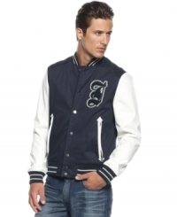 Give props to old-school sporty style and up your cool casual look with this varsity bomber coat from INC International Concepts. Give props to old-school sporty style and up your cool casual look with this varsity bomber coat from INC International Concepts.