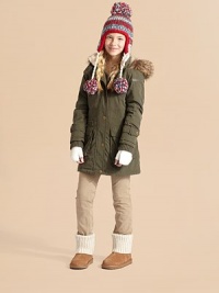 Cargo-inspired anorak design featuring ribbed knit cuffs and optional faux fur-trimmed hood for those chilly winter nights.Stand collarRemovable hoodLogo snap button detailsConcealed zip and snap closureZip pocketDual cargo-style flap pocketsConcealed belt at back waist for cinchingBody: polyester/nylonTrim and lining: polyesterFaux fur: acrylic/polyesterFaux fur back: polyesterFill: polyesterMachine washImported Cargo-inspired anorak design featuring ribbed knit cuffs and optional faux fur-trimmed hood for those chilly winter nights.Stand collarRemovable hoodLogo snap button detailsConcealed zip and snap closureZip pocketDual cargo-style flap pocketsConcealed belt at back waist for cinchingBody: polyester/nylonTrim and lining: polyesterFaux fur: acrylic/polyesterFaux fur back: polyesterFill: polyesterMachine washImported