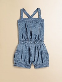 The perfect seasonal romper features criss cross straps, pockets, sweet bows and lots of perky polka dots.SquareneckSleeveless with criss cross strapsAdjustable straps with buttonsElastic waistSide patch pocketsBow detail on hemCottonMachine washImported The perfect seasonal romper features criss cross straps, pockets, sweet bows and lots of perky polka dots.SquareneckSleeveless with criss cross strapsAdjustable straps with buttonsElastic waistSide patch pocketsBow detail on hemCottonMachine washImported