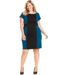 A slimming colorblocked pattern elegantly defines AGB's short sleeve plus size dress-- it's a must-have for your fall wardrobe! A slimming colorblocked pattern elegantly defines AGB's short sleeve plus size dress-- it's a must-have for your fall wardrobe!
