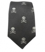 100% Silk Woven Charcoal Skull and Crossbones Skinny Tie