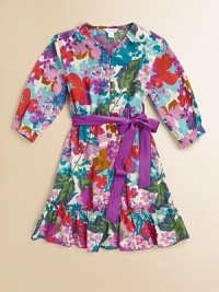 Splashy floral print and ruffled hem give this above-the-knee Kimono-inspired style a tropical twist.Front button closureRibbon tie at elastic waistGently pleated A-line skirtPolyesterMachine washImported Splashy floral print and ruffled hem give this above-the-knee Kimono-inspired style a tropical twist.Front button closureRibbon tie at elastic waistGently pleated A-line skirtPolyesterMachine washImported