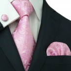 LANDISUN 62C PINK PAISLEY SILK TIE SET:TIE+HANKY+CUFFS