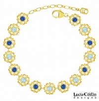 European Style 24K Yellow Gold Plated over .925 Sterling Silver Bracelet by Lucia Costin with Light Blue and Blue Swarovski Crystals, Set with Flowers and Fancy Dots European Style 24K Yellow Gold Plated over .925 Sterling Silver Bracelet by Lucia Costin with Light Blue and Blue Swarovski Crystals, Set with Flowers and Fancy Dots