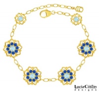 European Style 24K Yellow Gold Plated over .925 Sterling Silver Bracelet by Lucia Costin with Light Blue and Blue Swarovski Crystals, Set with Flowers and Fancy Dots European Style 24K Yellow Gold Plated over .925 Sterling Silver Bracelet by Lucia Costin with Light Blue and Blue Swarovski Crystals, Set with Flowers and Fancy Dots