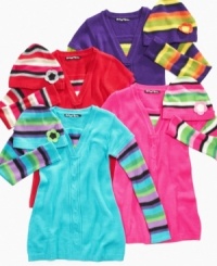Stripes are sweet as candy and they're layered on the sleeves and neck of this Planet Gold sweater, with a matching hat. Stripes are sweet as candy and they're layered on the sleeves and neck of this Planet Gold sweater, with a matching hat.