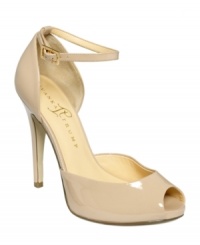 For a leg-lengthening look turn to the neutral nude shade and high heel on Ivanka Trump's Bulbi pumps. Made in glossy patent leather with a peep-toe platform silhouette, they feature an adjustable ankle strap for support.
