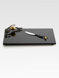 In Italy the lemon symbolizes luck and happiness, an inspiring motif that American craftsman Michael Aram has incorporated into this distinctive black granite design finished with gold plating and oxidized metal accents.From the Lemonwood CollectionBlack granite/oxidized/gold-platedBoard: 8H X 12WKnife, about 7½ longHand washImported In Italy the lemon symbolizes luck and happiness, an inspiring motif that American craftsman Michael Aram has incorporated into this distinctive black granite design finished with gold plating and oxidized metal accents.From the Lemonwood CollectionBlack granite/oxidized/gold-platedBoard: 8H X 12WKnife, about 7½ longHand washImported